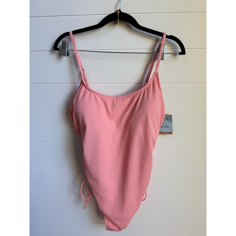 Shade & Shore Pink Ribbed Cinch Side One Piece Swimsuit Large NWT